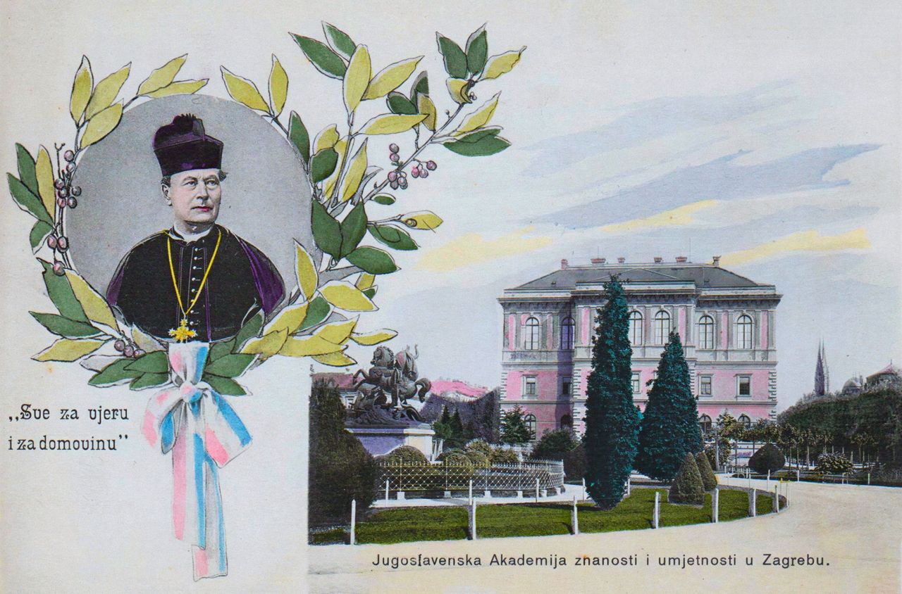 Palača JAZU (danas HAZU), Akademički trg (danas Trg Josipa Juraja Strossmayera), kolorirana memorabilija oko1905. godine